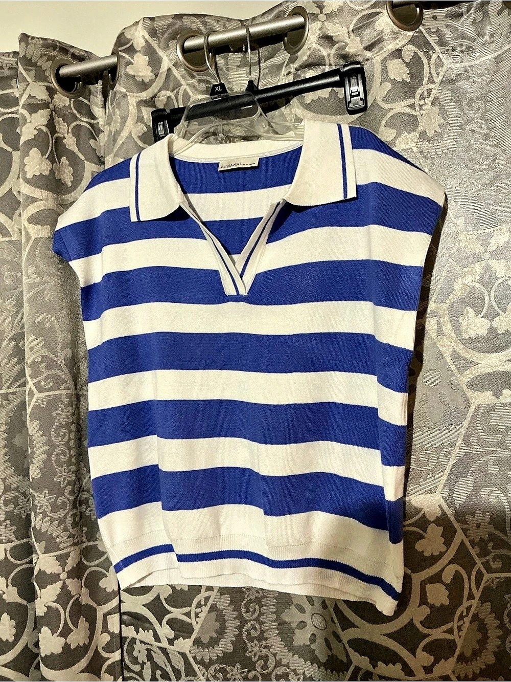 ZENANA Women's Striped Knit Polo Top Blue & White